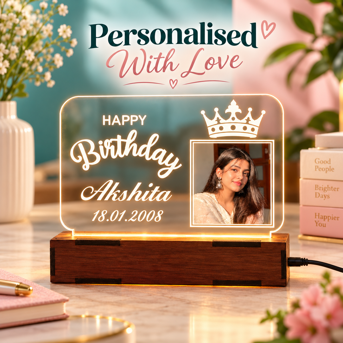 Single colour warm LED acrylic birthday lamp on wooden base
