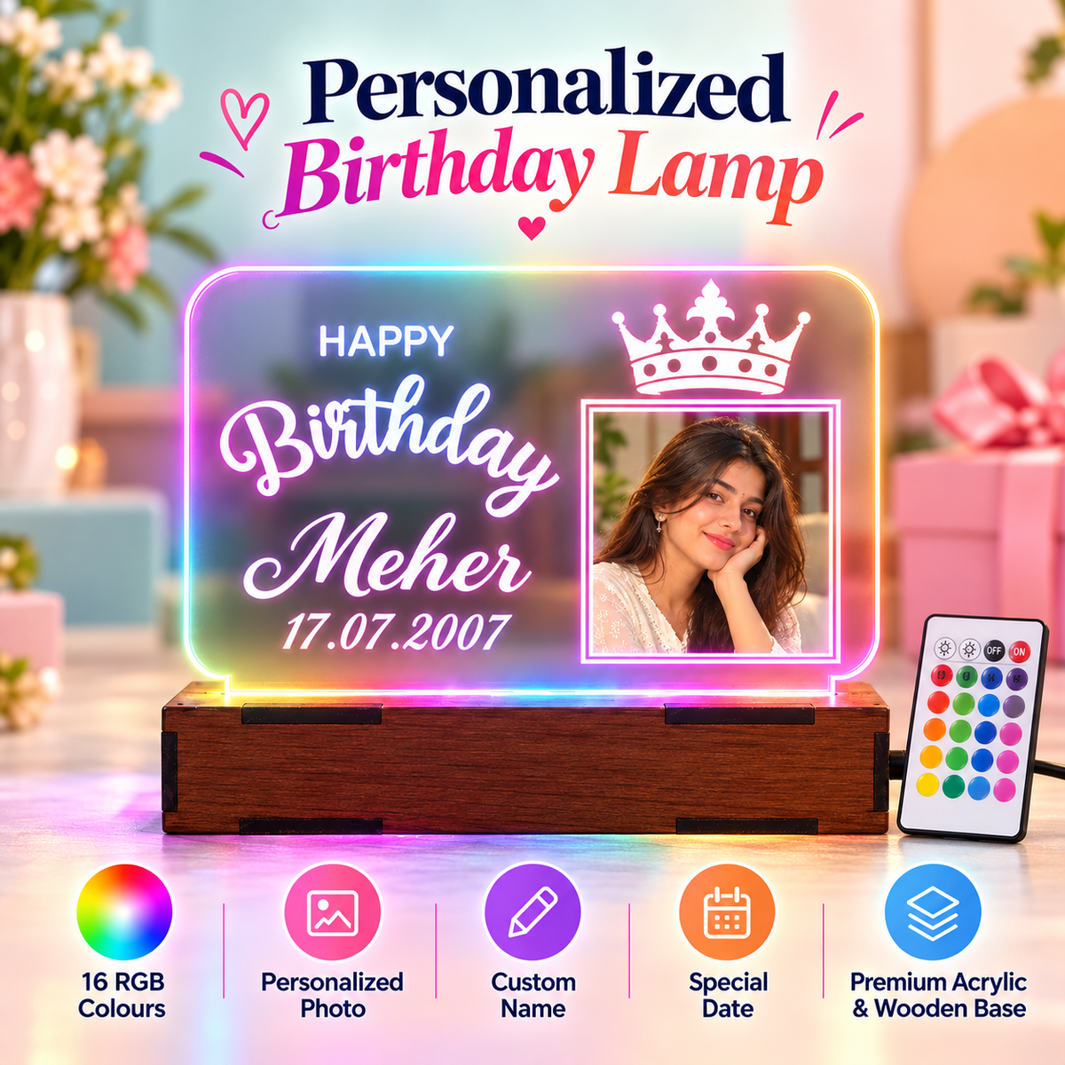 Giftiliya personalised LED acrylic birthday lamp with photo, name and date in multicolour light