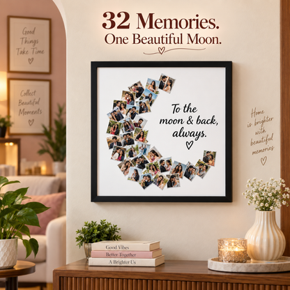 Giftiliya Moon Frame with 32 personalized memories displayed on a wall