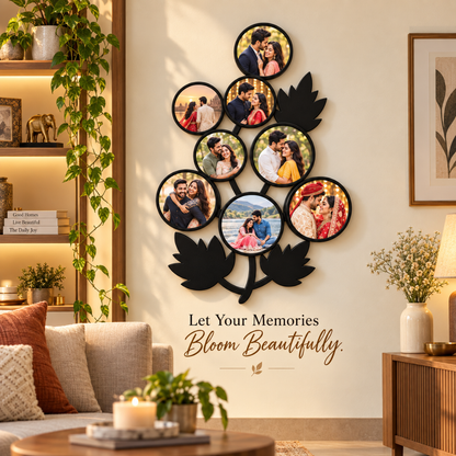 Leaf Frame with eight circular photos displayed in a living room