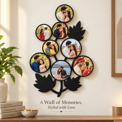 Close view of an eight-photo leaf-shaped wall frame