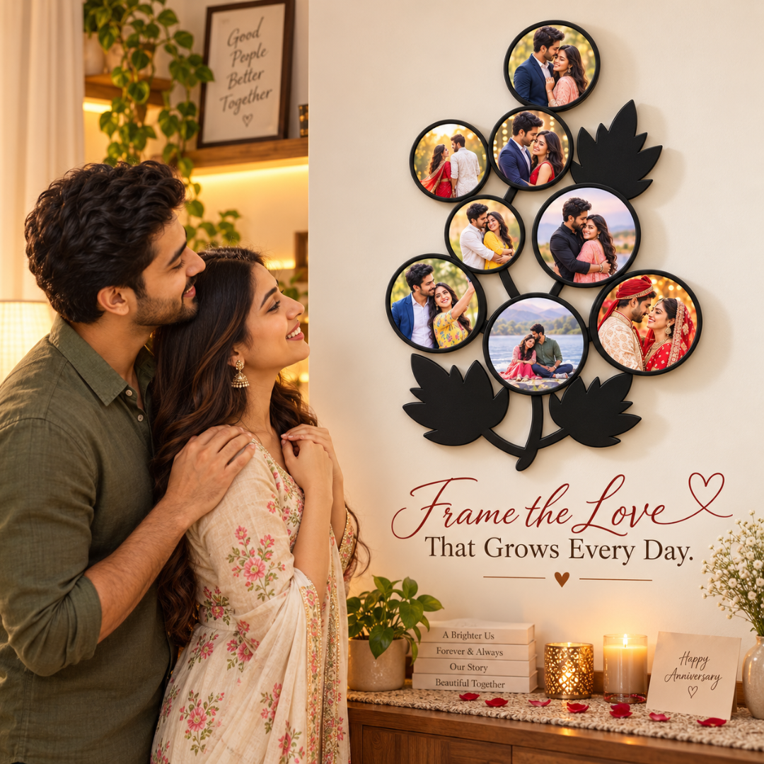Couple admiring a personalized Leaf Frame anniversary gift