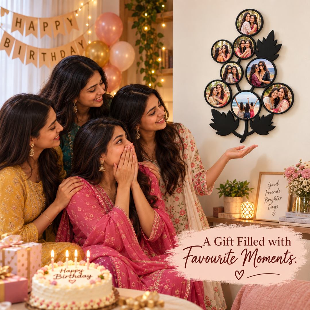 Birthday celebration with an eight-photo Leaf Frame