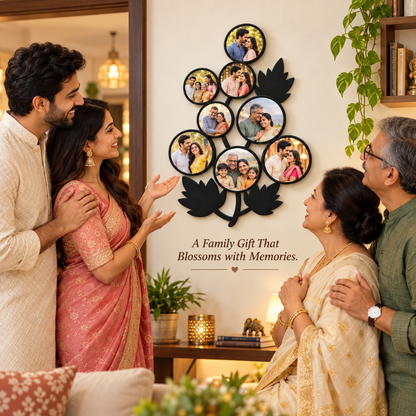 Family admiring an eight-photo Leaf Frame gift