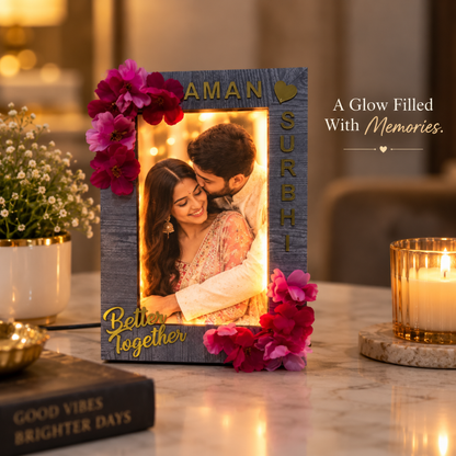 Personalized LED frame close-up with pink flowers