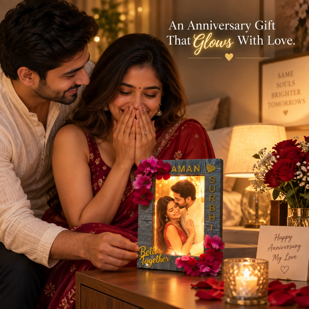 Couple celebrating an anniversary with an LED photo frame