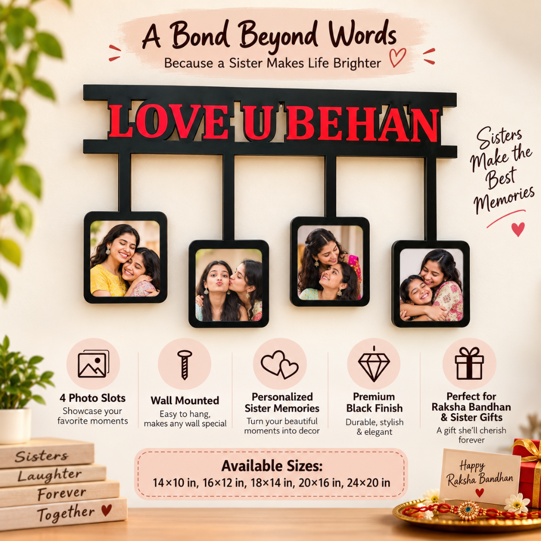 Sister frame with four pictures, features, and available sizes