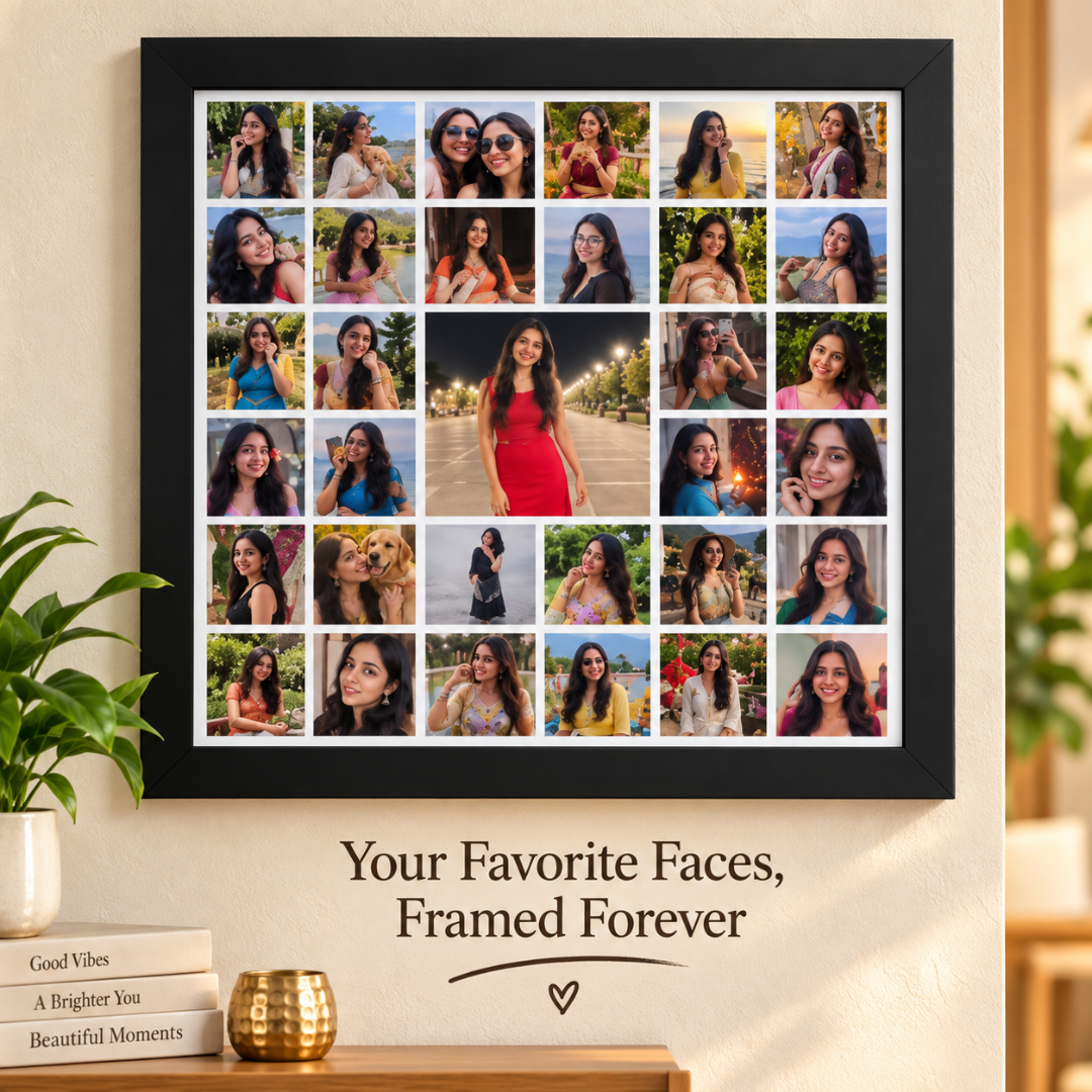 Square collage 33-picture frame displayed as personalized wall décor