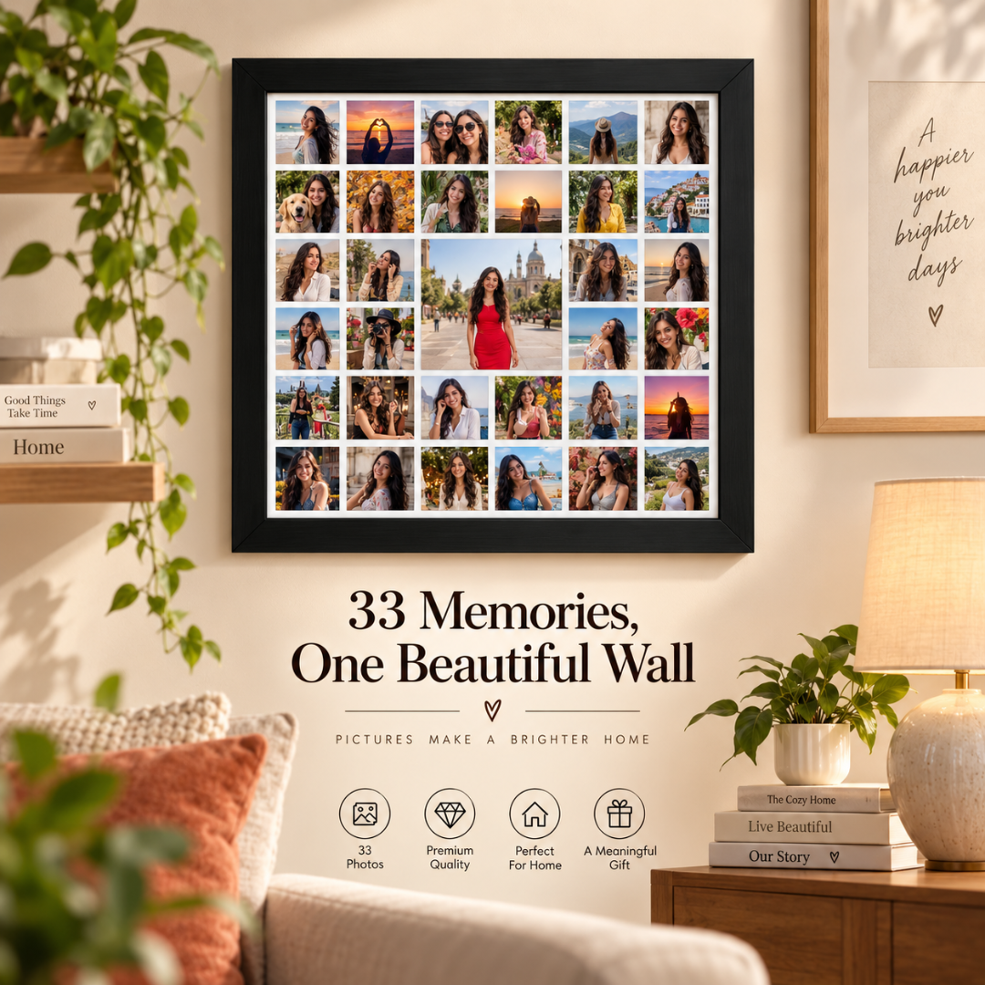Square collage 33-picture frame displayed on a living room wall