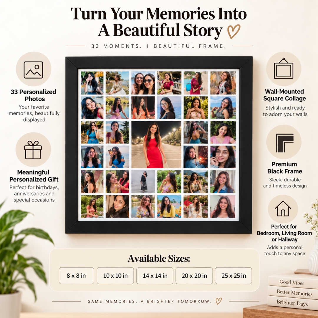 Square collage 33-picture frame features and available sizes