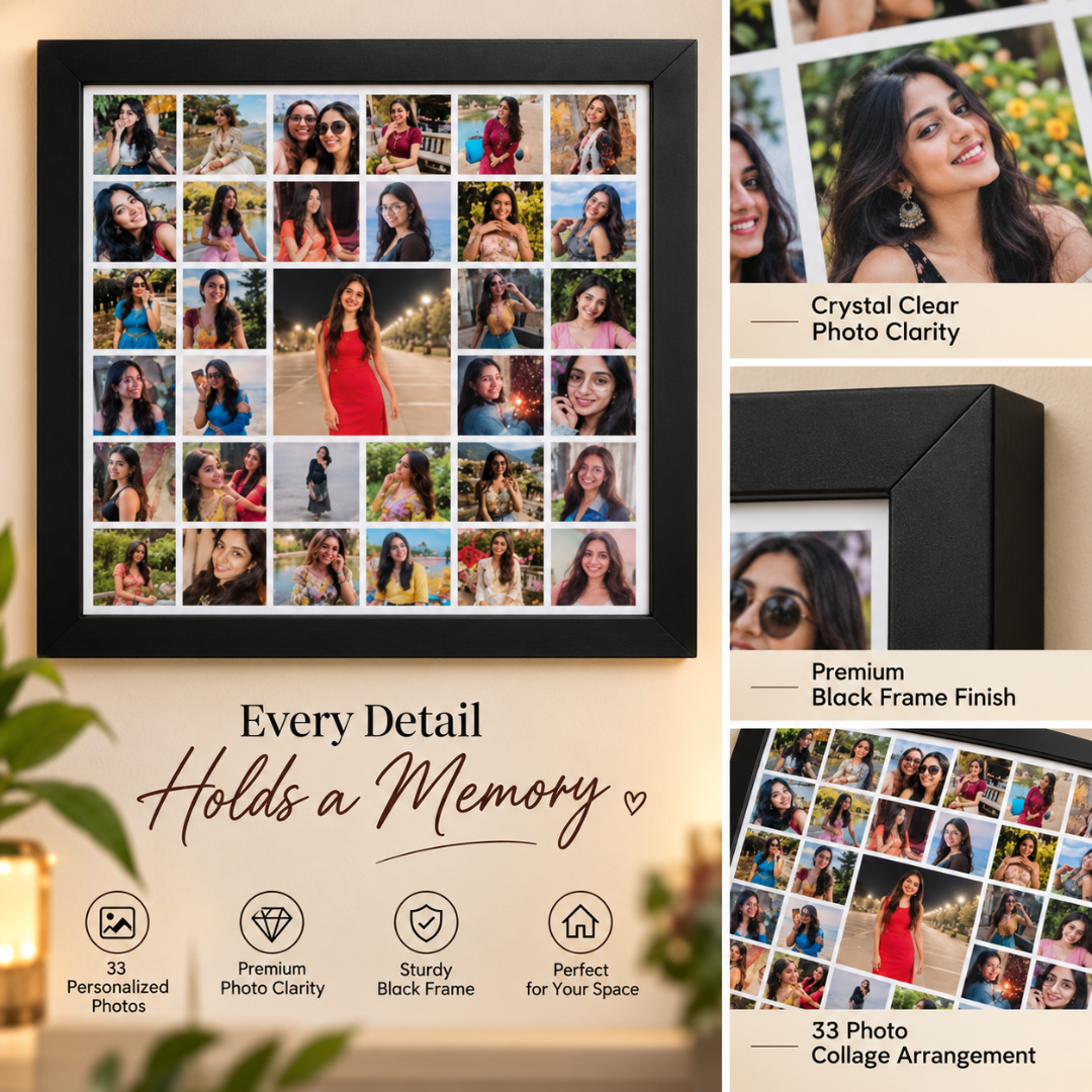 Square collage 33-picture frame photo clarity and frame details