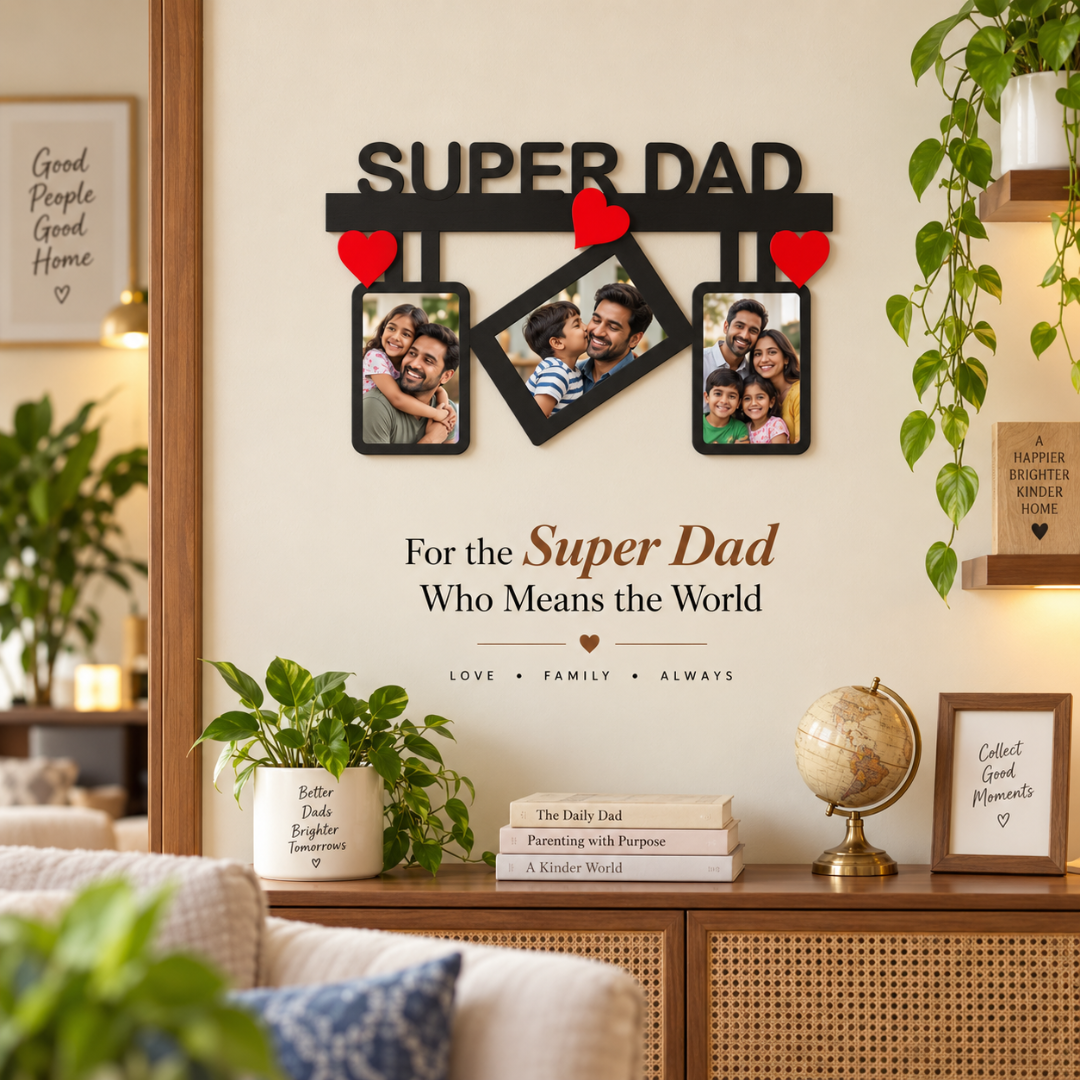 Super Dad wall frame with three family photos and red hearts above a wooden console with plants.