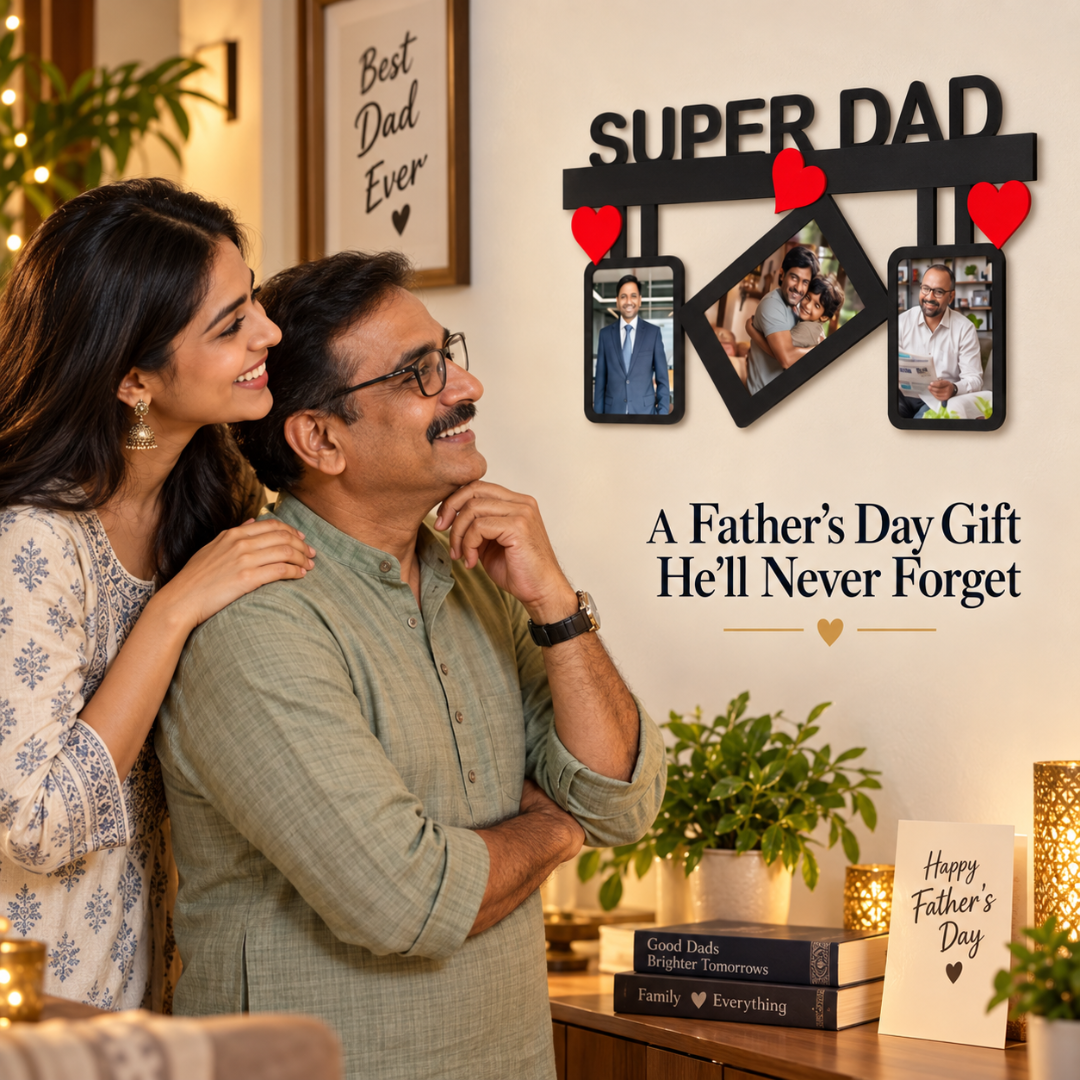 Father and daughter admiring the Super Dad three-photo wall frame in a Father's Day gift scene.