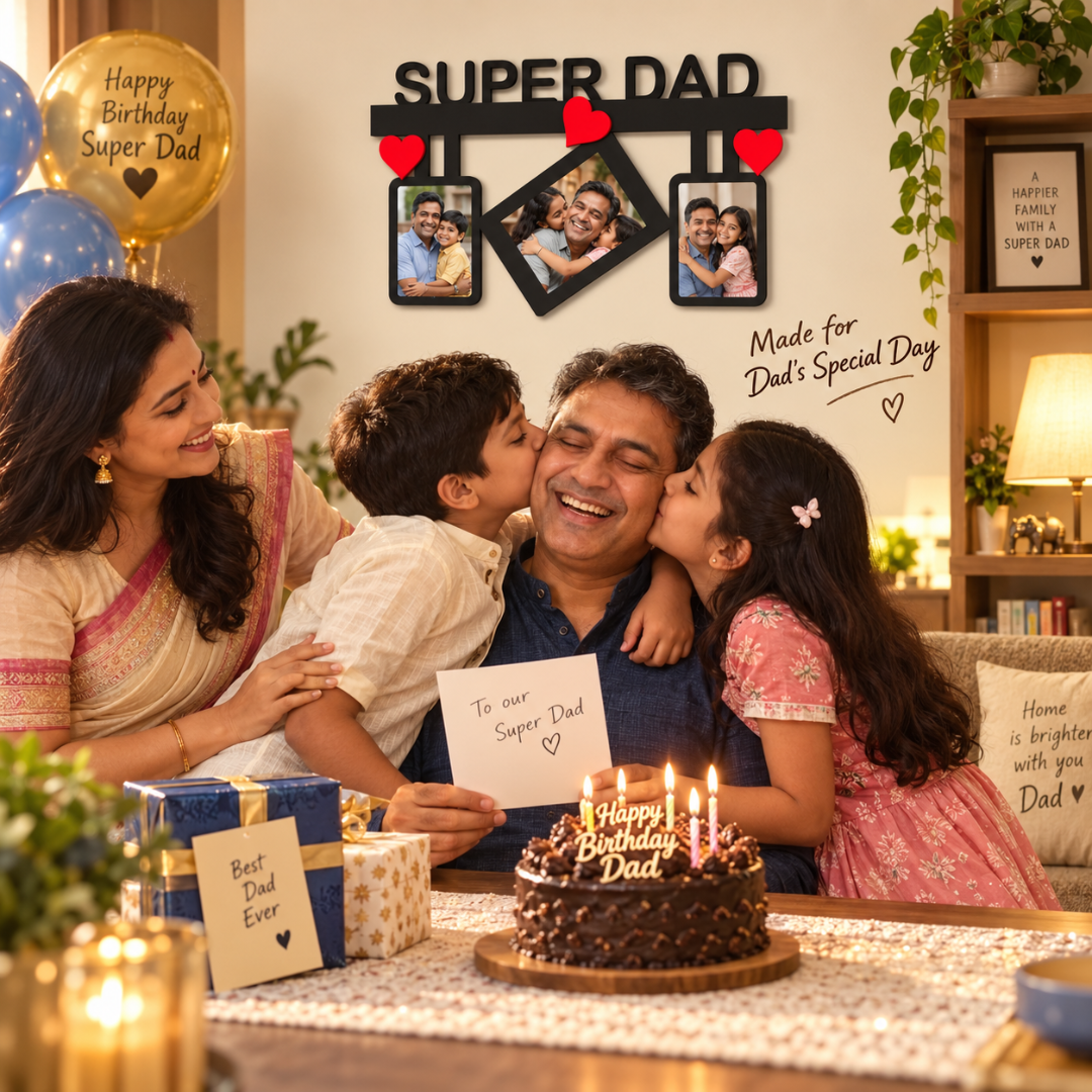 Super Dad three-photo wall frame displayed above a family celebrating dad's birthday.