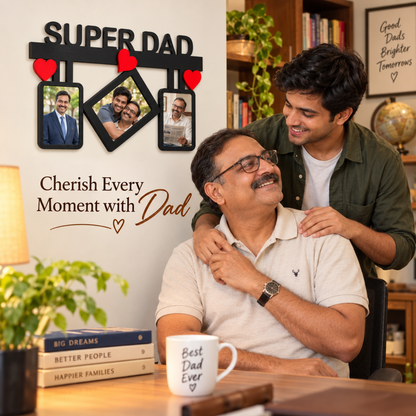 Father and adult son beside the Super Dad wall frame with three personalized photos.