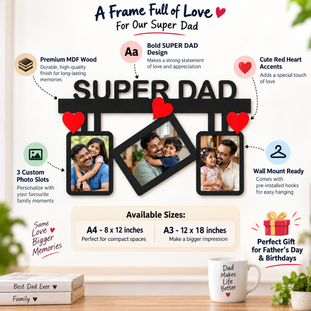 Super Dad frame feature graphic showing three photo slots, red hearts, MDF wood and A4 and A3 sizes.
