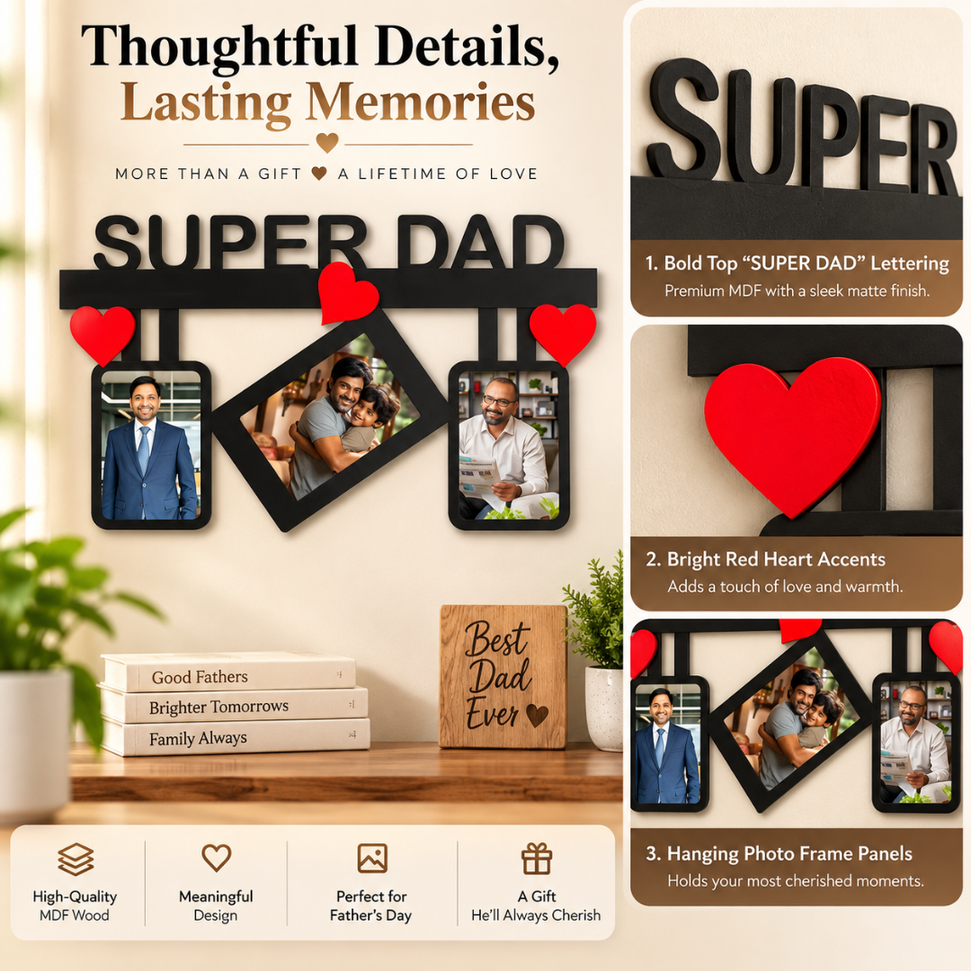 Super Dad wall frame detail graphic highlighting lettering, red hearts and three hanging photo panels.