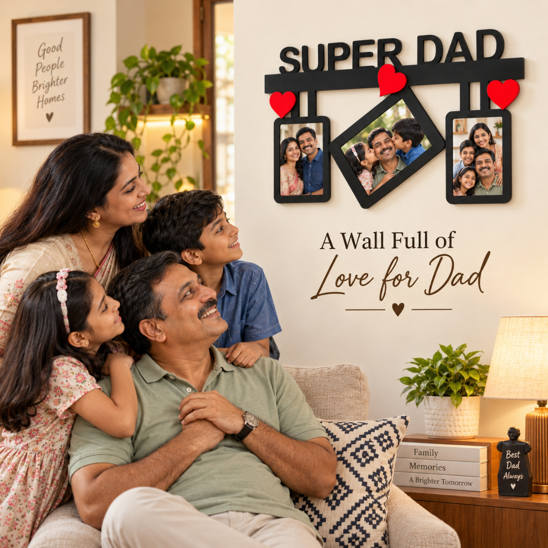 Family admiring the Super Dad three-photo wall frame with red heart accents in a living room.